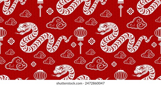 Seamless pattern happy chinese new year 2025 the snake zodiac sign with asian elements paper cut style on color background. ( Translation : happy new year 2024 year of the snake )
