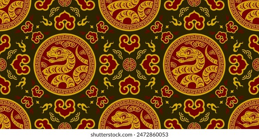 Seamless pattern happy chinese new year 2025 the snake zodiac sign with asian elements paper cut style on color background. ( Translation : happy new year 2024 year of the snake )
