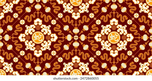 Seamless pattern happy chinese new year 2025 the snake zodiac sign with asian elements paper cut style on color background. ( Translation : happy new year 2024 year of the snake )
