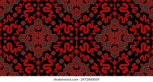 Seamless pattern happy chinese new year 2025 the snake zodiac sign with asian elements paper cut style on color background. ( Translation : happy new year 2024 year of the snake )
