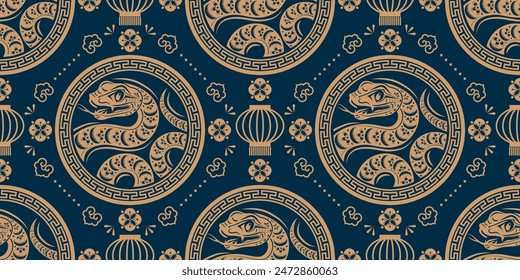 Seamless pattern happy chinese new year 2025 the snake zodiac sign with asian elements paper cut style on color background. ( Translation : happy new year 2024 year of the snake )
