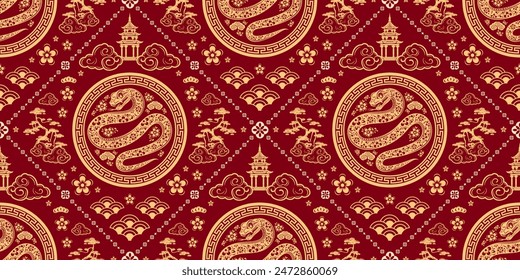 Seamless pattern happy chinese new year 2025 the snake zodiac sign with asian elements paper cut style on color background. ( Translation : happy new year 2024 year of the snake )
