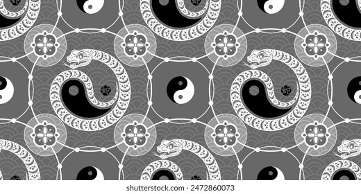 Seamless pattern happy chinese new year 2025 the snake zodiac sign with asian elements paper cut style on color background. ( Translation : happy new year 2024 year of the snake )
