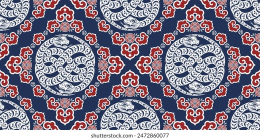 Seamless pattern happy chinese new year 2025 the snake zodiac sign with asian elements paper cut style on color background. ( Translation : happy new year 2024 year of the snake )
