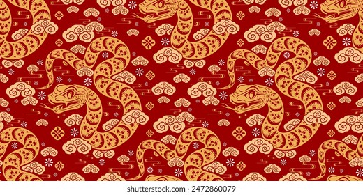 Seamless pattern happy chinese new year 2025 the snake zodiac sign with asian elements paper cut style on color background. ( Translation : happy new year 2024 year of the snake )
