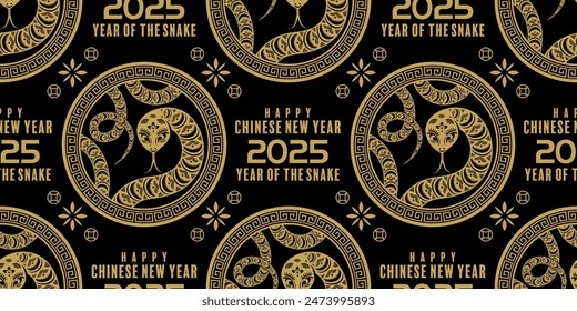 Seamless pattern happy chinese new year 2025 the snake zodiac sign cut style on color background. ( Translation : snake )
