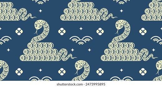 Seamless pattern happy chinese new year 2025 the snake zodiac sign cut style on color background. ( Translation : snake )
