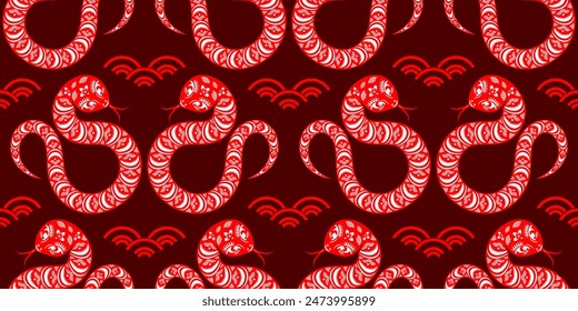 Seamless pattern happy chinese new year 2025 the snake zodiac sign cut style on color background. ( Translation : snake )
