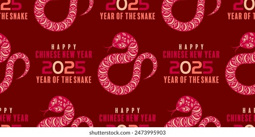 Seamless pattern happy chinese new year 2025 the snake zodiac sign cut style on color background. ( Translation : snake )
