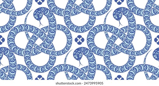 Seamless pattern happy chinese new year 2025 the snake zodiac sign cut style on color background. ( Translation : snake )
