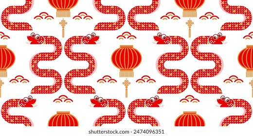 Seamless pattern happy chinese new year 2025 the snake zodiac sign with asian elements paper cut style on color background. ( Translation : happy new year 2024 year of the snake )
