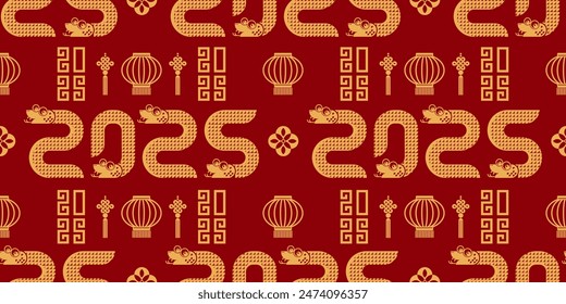 Seamless pattern happy chinese new year 2025 the snake zodiac sign with asian elements paper cut style on color background. ( Translation : happy new year 2024 year of the snake )
