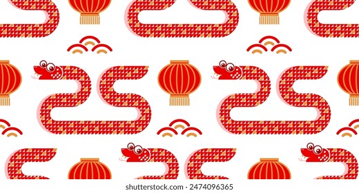 Seamless pattern happy chinese new year 2025 the snake zodiac sign with asian elements paper cut style on color background. ( Translation : happy new year 2024 year of the snake )
