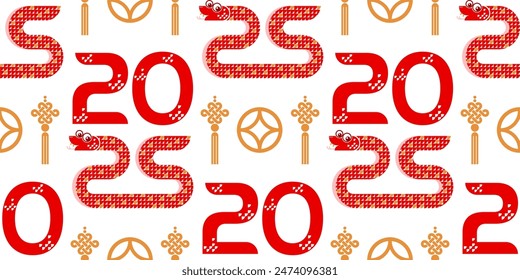 Seamless pattern happy chinese new year 2025 the snake zodiac sign with asian elements paper cut style on color background. ( Translation : happy new year 2024 year of the snake )
