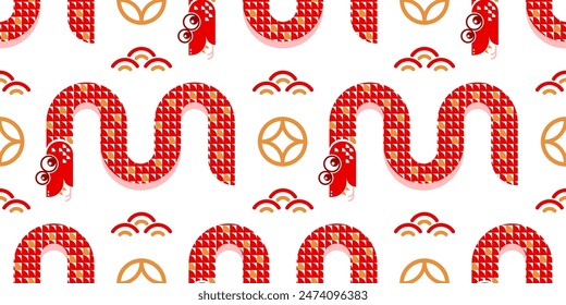 Seamless pattern happy chinese new year 2025 the snake zodiac sign with asian elements paper cut style on color background. ( Translation : happy new year 2024 year of the snake )
