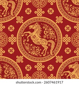 Seamless pattern happy chinese new year 2026 year of the horse zodiac sign. ( Chinese Translation :  Horse )
