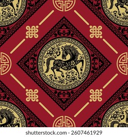 Seamless pattern happy chinese new year 2026 year of the horse zodiac sign. ( Chinese Translation :  Horse )
