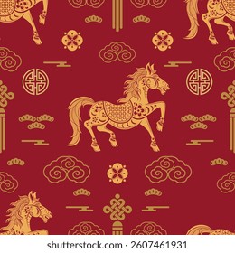 Seamless pattern happy chinese new year 2026 year of the horse zodiac sign. ( Chinese Translation :  Horse )
