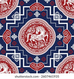 Seamless pattern happy chinese new year 2026 year of the horse zodiac sign. ( Chinese Translation :  Horse )
