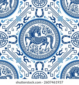 Seamless pattern happy chinese new year 2026 year of the horse zodiac sign. ( Chinese Translation :  Horse )
