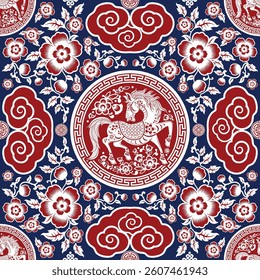 Seamless pattern happy chinese new year 2026 year of the horse zodiac sign. ( Chinese Translation :  Horse )
