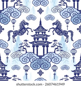 Seamless pattern happy chinese new year 2026 year of the horse zodiac sign. ( Chinese Translation :  Horse )
