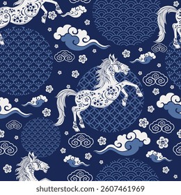 Seamless pattern happy chinese new year 2026 year of the horse zodiac sign. ( Chinese Translation :  Horse )

