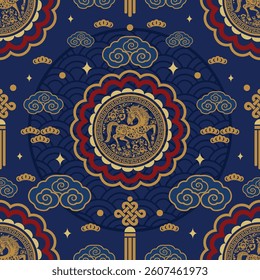 Seamless pattern happy chinese new year 2026 year of the horse zodiac sign. ( Chinese Translation :  Horse )
