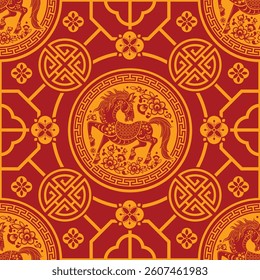 Seamless pattern happy chinese new year 2026 year of the horse zodiac sign. ( Chinese Translation :  Horse )
