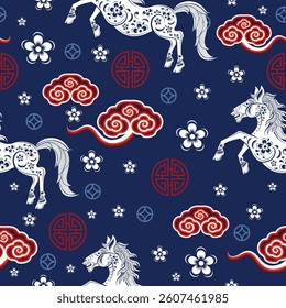 Seamless pattern happy chinese new year 2026 year of the horse zodiac sign. ( Chinese Translation :  Horse )
