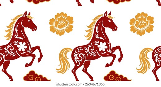 Seamless pattern. happy Chinese new year of the Horse 2026. Vector wallpaper, wrapping paper