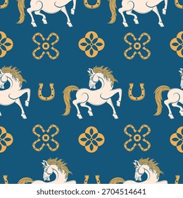 Seamless pattern happy chinese new year 2026 the horse zodiac sign with asian elements paper cut style on color background. ( Translation : happy new year 2026 year of the horse )