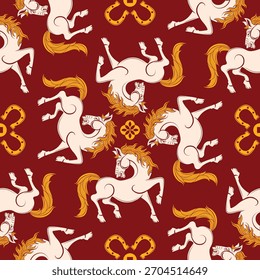 Patrón sin fisuras feliz año nuevo chino 2026 el signo del zodiaco del caballo con Elementos asiáticos estilo de corte de papel sobre fondo de color. ( Traducción: feliz año nuevo 2026 año del caballo )