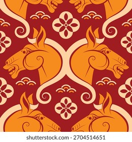 Seamless pattern happy chinese new year 2026 the horse zodiac sign with asian elements paper cut style on color background. ( Translation : happy new year 2026 year of the horse )