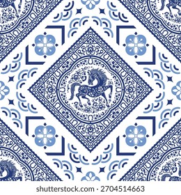 Seamless pattern happy chinese new year 2026 the horse zodiac sign with asian elements paper cut style on color background. ( Translation : happy new year 2026 year of the horse )