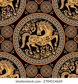 Padrão contínuo feliz ano novo chinês 2026 o signo do zodíaco do cavalo com elementos asiáticos corte de papel estilo em fundo de cor. ( Tradução : feliz ano novo 2026 ano do cavalo )