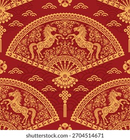 Seamless pattern happy chinese new year 2026 the horse zodiac sign with asian elements paper cut style on color background. ( Translation : happy new year 2026 year of the horse )