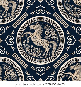 Seamless pattern happy chinese new year 2026 the horse zodiac sign with asian elements paper cut style on color background. ( Translation : happy new year 2026 year of the horse )