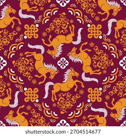 Seamless pattern happy chinese new year 2026 the horse zodiac sign with asian elements paper cut style on color background. ( Translation : happy new year 2026 year of the horse )
