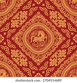 Padrão contínuo feliz ano novo chinês 2026 o signo do zodíaco do cavalo com elementos asiáticos corte de papel estilo em fundo de cor. ( Tradução : feliz ano novo 2026 ano do cavalo )