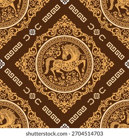 Seamless pattern happy chinese new year 2026 the horse zodiac sign with asian elements paper cut style on color background. ( Translation : happy new year 2026 year of the horse )