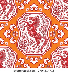 Seamless pattern happy chinese new year 2026 the horse zodiac sign with asian elements paper cut style on color background. ( Translation : happy new year 2026 year of the horse )