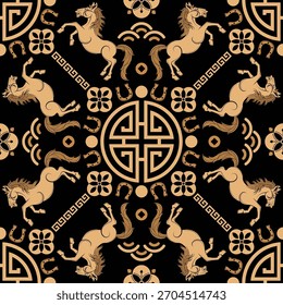 Seamless pattern happy chinese new year 2026 the horse zodiac sign with asian elements paper cut style on color background. ( Translation : happy new year 2026 year of the horse )