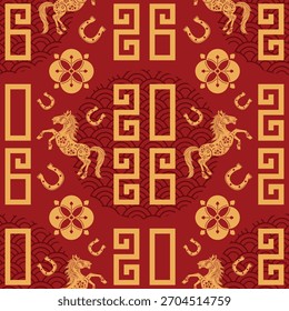 Padrão contínuo feliz ano novo chinês 2026 o signo do zodíaco do cavalo com elementos asiáticos corte de papel estilo em fundo de cor. ( Tradução : feliz ano novo 2026 ano do cavalo )