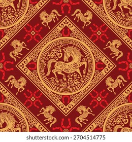 Padrão contínuo feliz ano novo chinês 2026 o signo do zodíaco do cavalo com elementos asiáticos corte de papel estilo em fundo de cor. ( Tradução : feliz ano novo 2026 ano do cavalo )