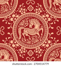 Seamless pattern happy chinese new year 2026 the horse zodiac sign with asian elements paper cut style on color background. ( Translation : happy new year 2026 year of the horse )