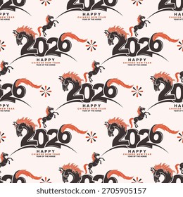 Patrón sin fisuras feliz año nuevo chino 2026 el signo del zodiaco del caballo con Elementos asiáticos estilo de corte de papel sobre fondo de color. ( Traducción: feliz año nuevo 2026 año del caballo )