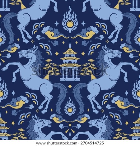 Seamless pattern happy chinese new year 2026 the horse zodiac sign with asian elements paper cut style on color background. ( Translation : happy new year 2026 year of the horse )