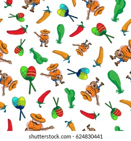 Seamless pattern to Happy Cinco De Mayo with mexican man in sombrero playing guitar, maracas, cacti and red hot chili pepper. Vector illustration isolated on white background.