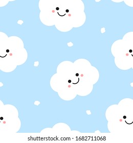 Seamless Pattern Of Happy Cloud On Blue Sky Background Vector Illustration. Cute Cartoon Character For Print.